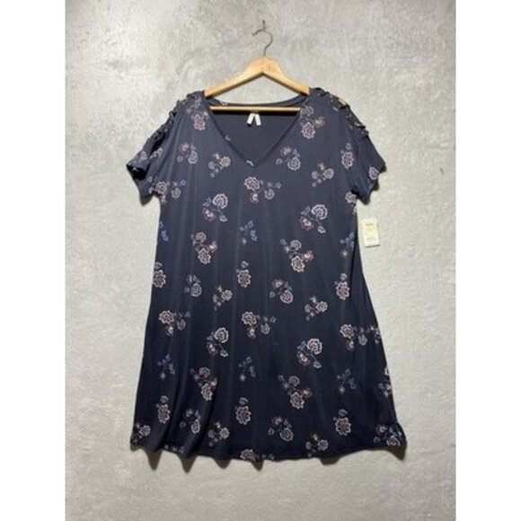 NWT Mudd Women's Large Navy Floral Lace Up Drop Shoulder Dress - Picture 1 of 12